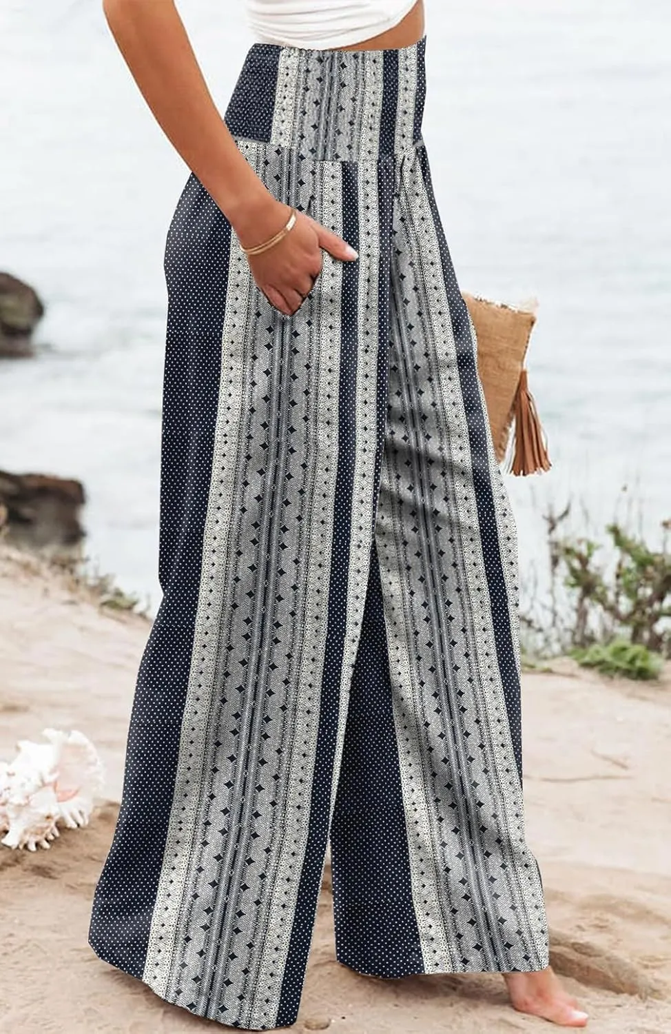 Casual Loose Fit Palazzo Long Pants for Women Elastic High Waist Lounge Pajama Wide Leg Trousers with Pocket