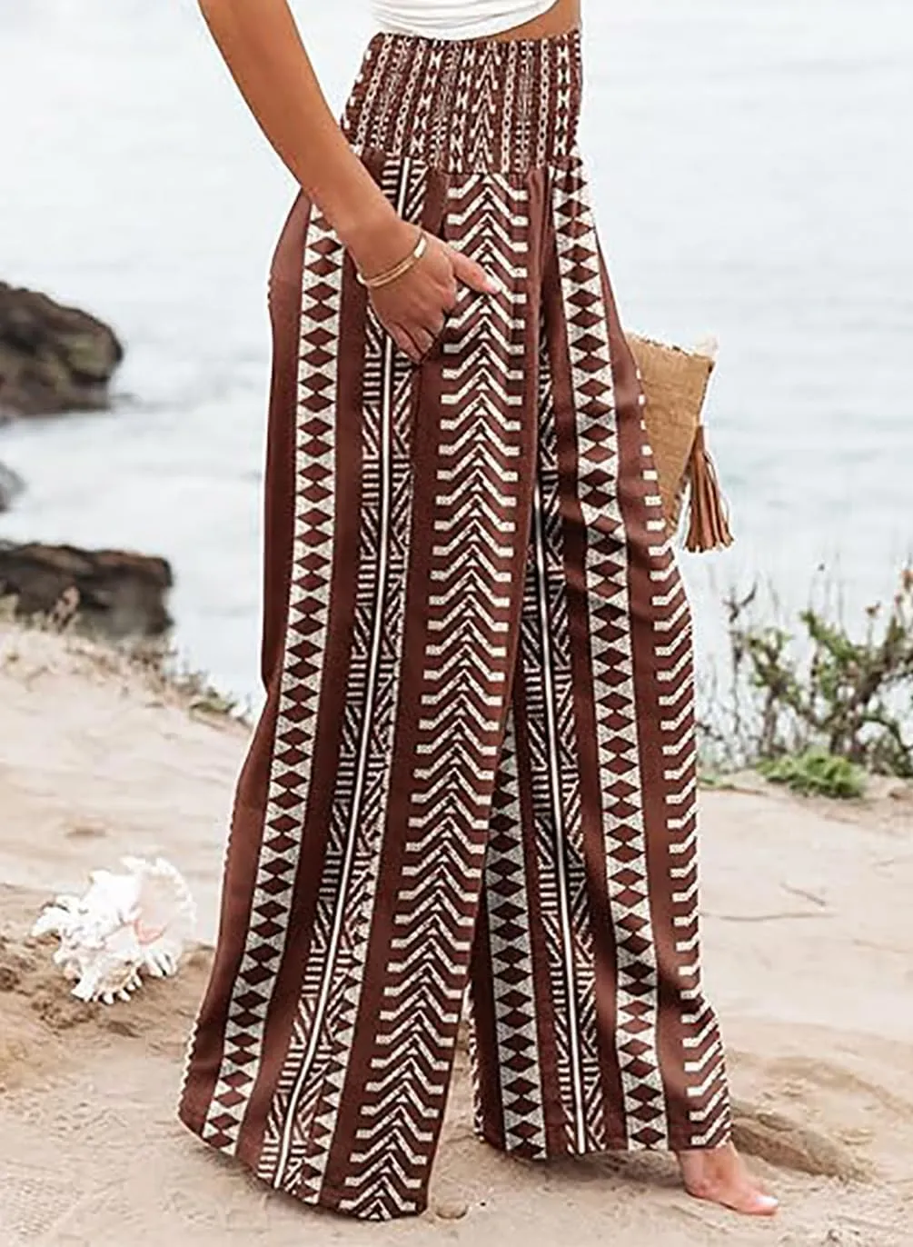 Casual Loose Fit Palazzo Long Pants for Women Elastic High Waist Lounge Pajama Wide Leg Trousers with Pocket