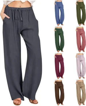 Casual Pants for Women 2025 Summer Cotton Linen Wide Leg Boho High Elastic Waist Lounge Long Trousers with Pockets