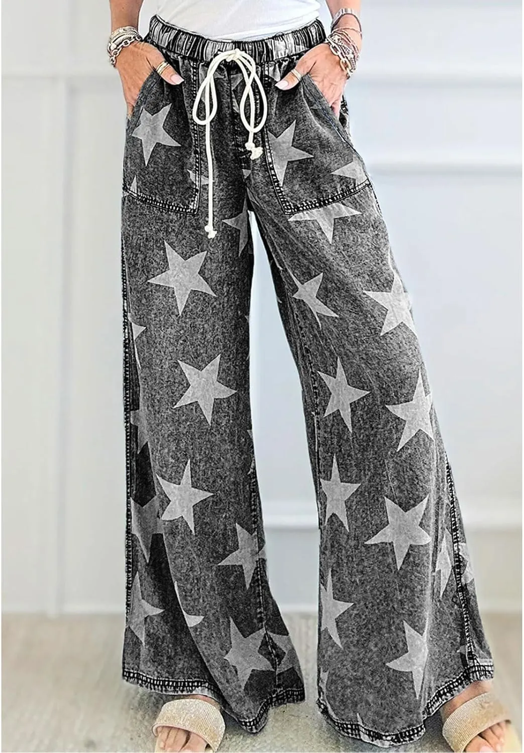CHARTOU Women Baggy Wide Leg Drawstring Jeans Flare Elastic High Waist Star Printed Jeans Loose Denim Pants