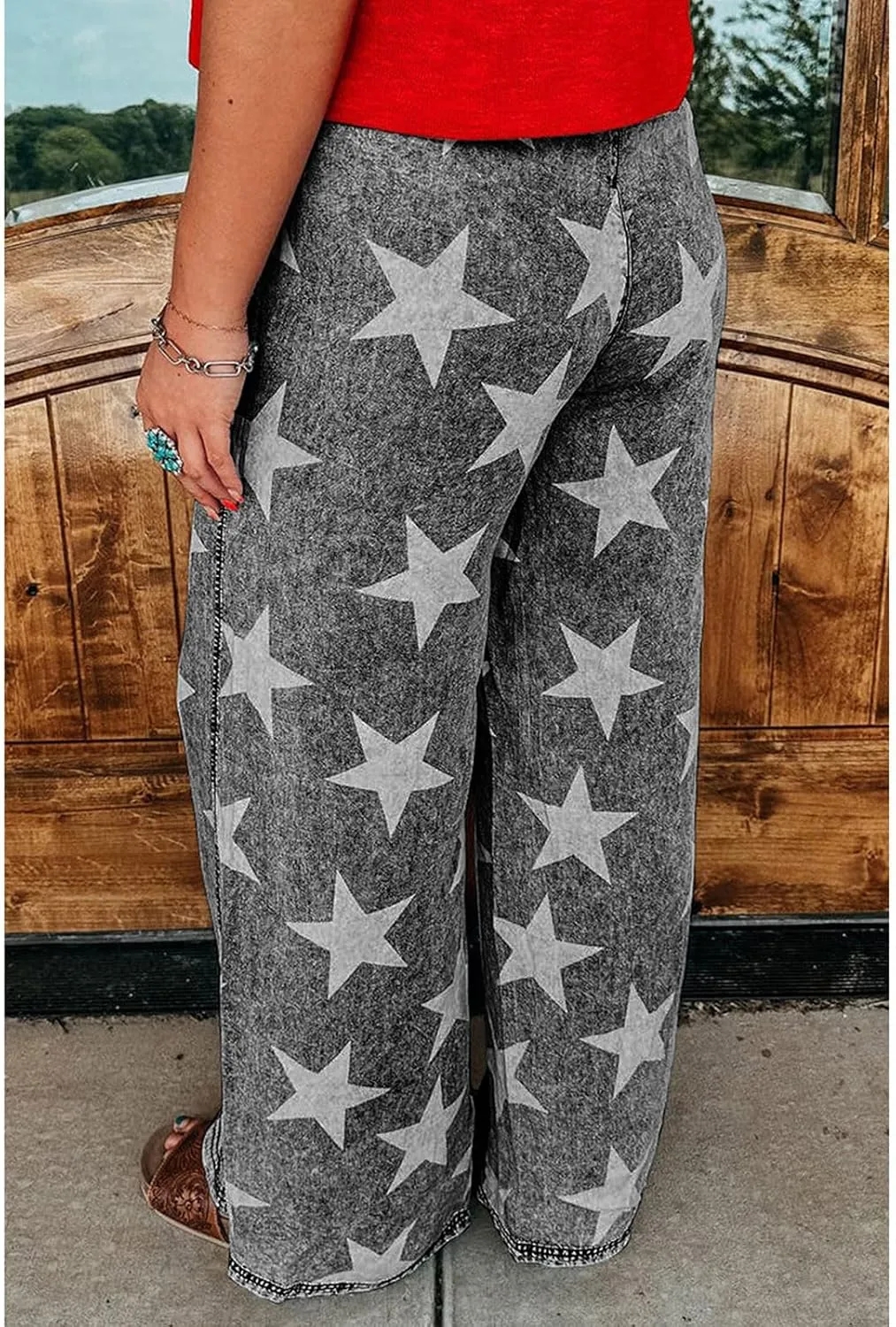CHARTOU Women Baggy Wide Leg Drawstring Jeans Flare Elastic High Waist Star Printed Jeans Loose Denim Pants
