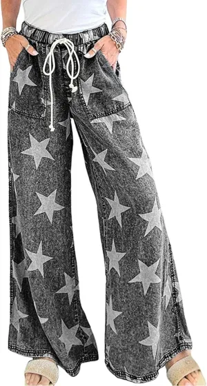 CHARTOU Women Baggy Wide Leg Drawstring Jeans Flare Elastic High Waist Star Printed Jeans Loose Denim Pants