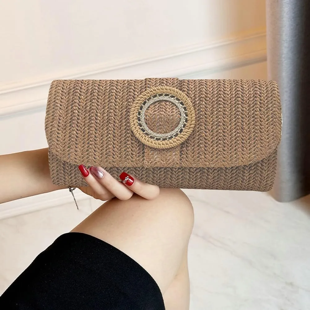 Chic Boho Clutch Purses for Women Straw Evening Handbag Rattan Woven Envelope Clutch Bag for Prom Party