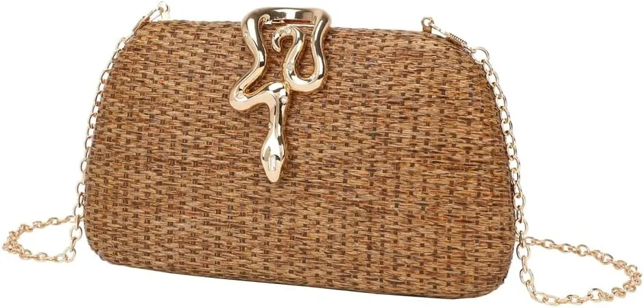 Chic Raffia Clutch Purses for Women Straw Woven Evening Bag Wedding Snake-shaped Crossbody Handbags for Party Prom