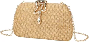 Chic Raffia Clutch Purses for Women Straw Woven Evening Bag Wedding Snake-shaped Crossbody Handbags for Party Prom