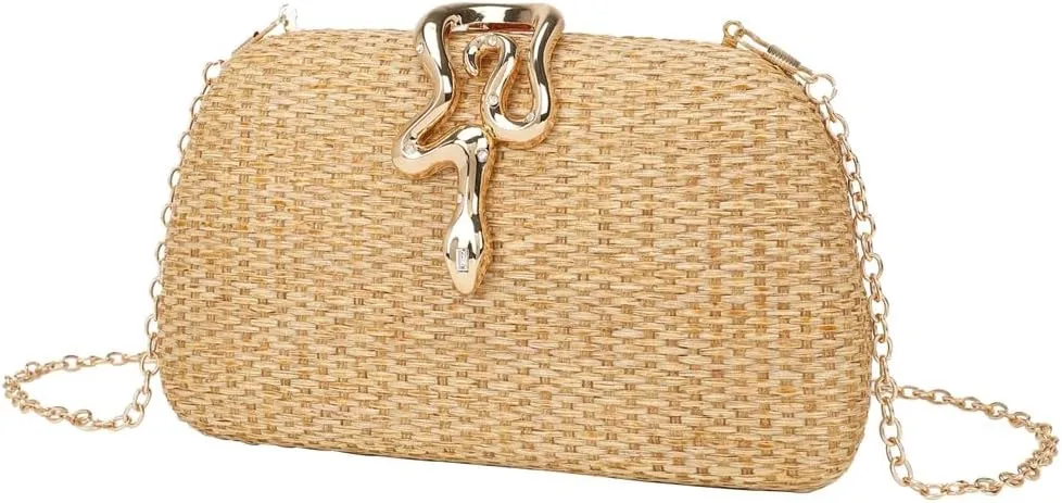 Chic Raffia Clutch Purses for Women Straw Woven Evening Bag Wedding Snake-shaped Crossbody Handbags for Party Prom