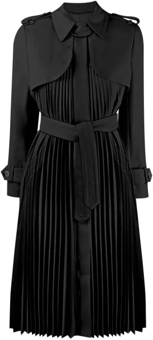 CHIC STAR Womens Pleated Trench Coat Dress, Collared Neckline, Belted Waist, Accordion Pleated Skirt