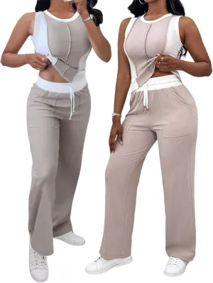 CHICME Womens 2 Piece Outfits Casual Slim Fit Tank Tops Elastic Waist Wide Leg Pants Ribbed Tracksuits