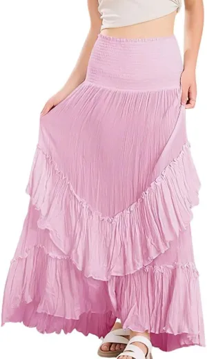 chouyatou Women's Boho Convertible Tube Top Skirt Dress Smocked Asymmetrical Swing Maxi Skirt Ruffle Long Sundress