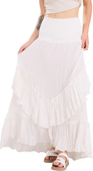 chouyatou Women's Boho Convertible Tube Top Skirt Dress Smocked Asymmetrical Swing Maxi Skirt Ruffle Long Sundress