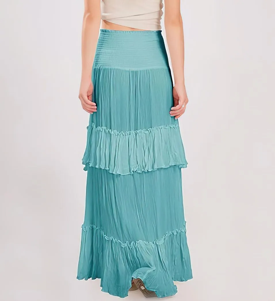 chouyatou Women's Boho Convertible Tube Top Skirt Dress Smocked Asymmetrical Swing Maxi Skirt Ruffle Long Sundress