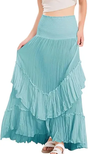 chouyatou Women's Boho Convertible Tube Top Skirt Dress Smocked Asymmetrical Swing Maxi Skirt Ruffle Long Sundress