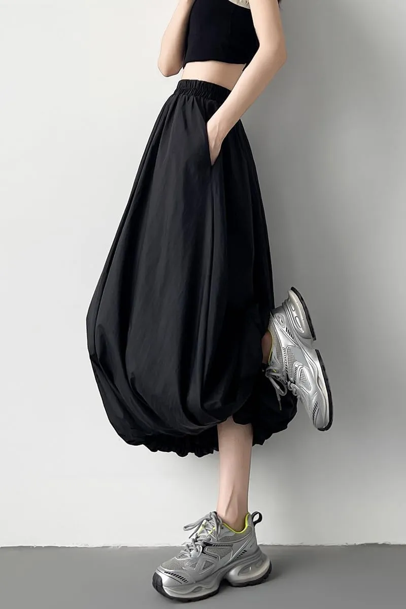 chouyatou Women's Casual Elastic Waist Y2k Bubble Skirt Puffy Pleated Balloon Midi Long Skirt with Pockets