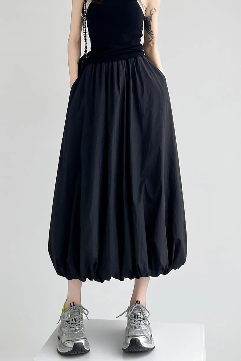 chouyatou Women's Casual Elastic Waist Y2k Bubble Skirt Puffy Pleated Balloon Midi Long Skirt with Pockets
