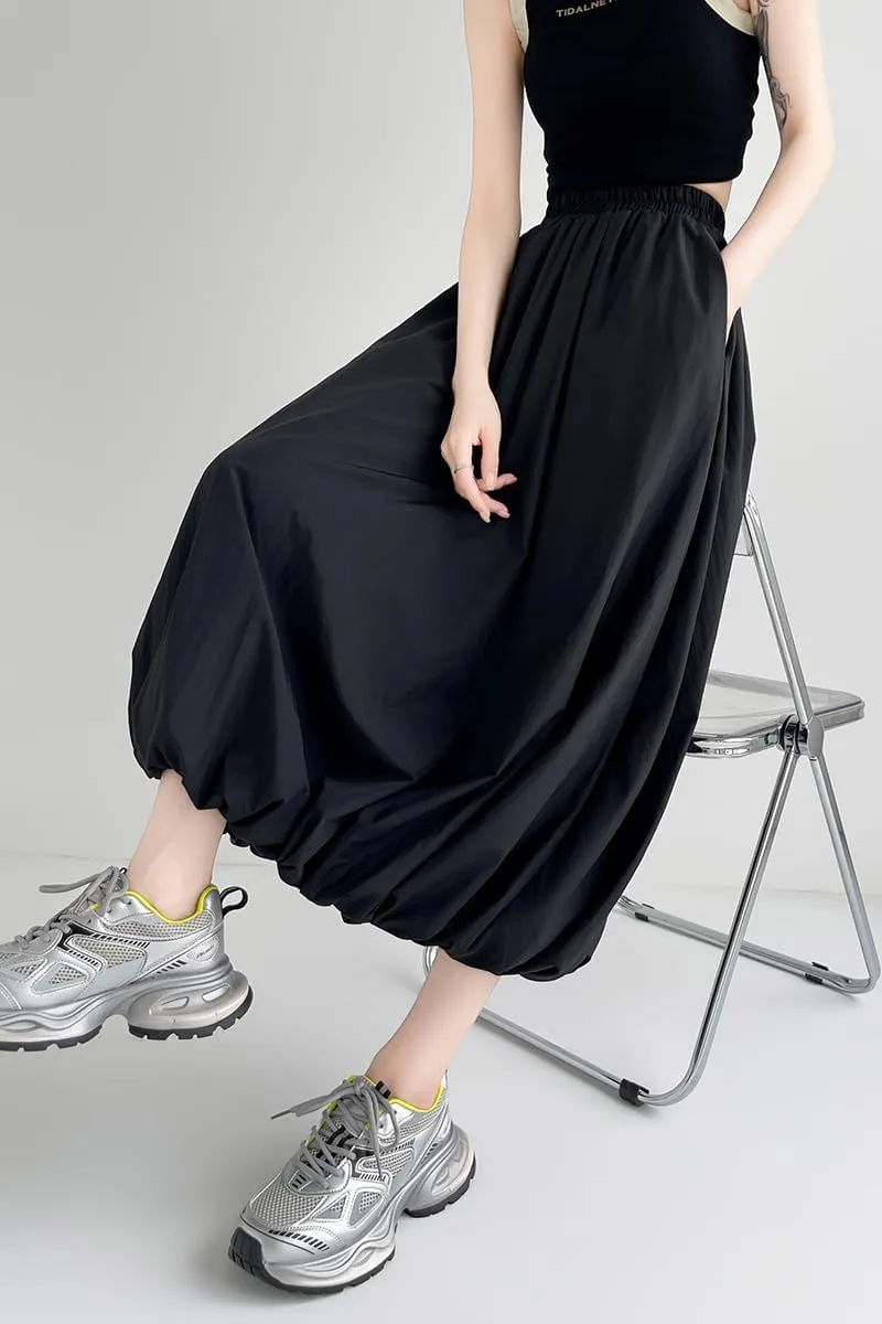 chouyatou Women's Casual Elastic Waist Y2k Bubble Skirt Puffy Pleated Balloon Midi Long Skirt with Pockets