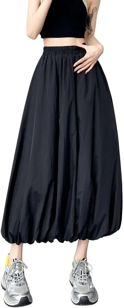 chouyatou Women's Casual Elastic Waist Y2k Bubble Skirt Puffy Pleated Balloon Midi Long Skirt with Pockets