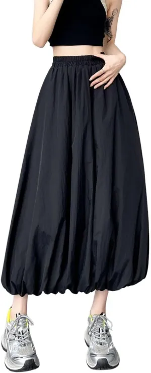 chouyatou Women's Casual Elastic Waist Y2k Bubble Skirt Puffy Pleated Balloon Midi Long Skirt with Pockets