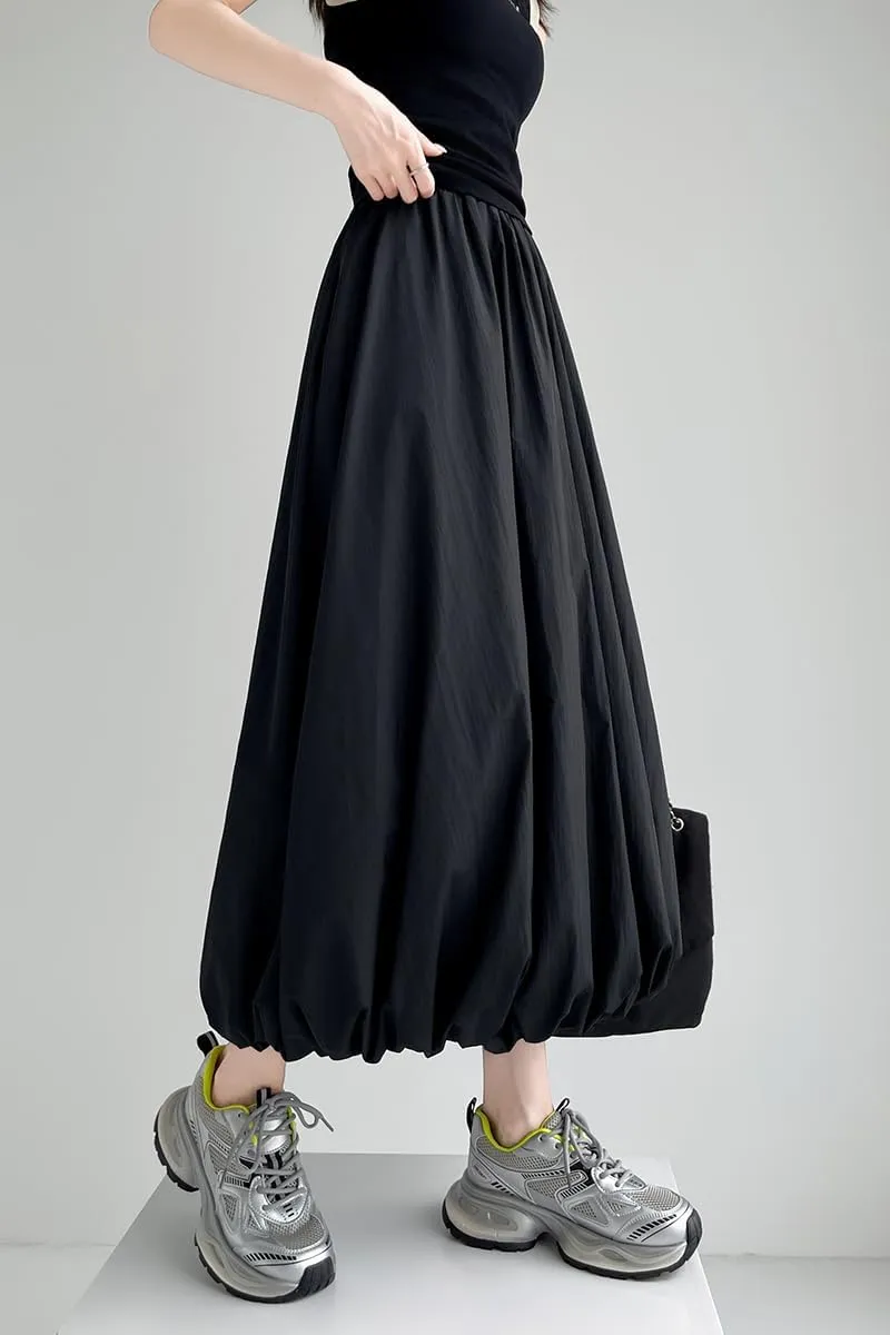chouyatou Women's Casual Elastic Waist Y2k Bubble Skirt Puffy Pleated Balloon Midi Long Skirt with Pockets