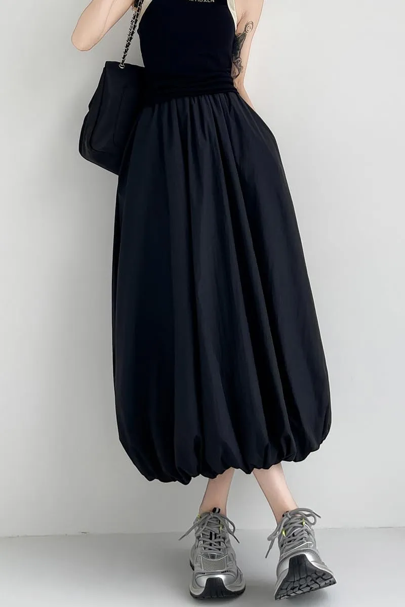 chouyatou Women's Casual Elastic Waist Y2k Bubble Skirt Puffy Pleated Balloon Midi Long Skirt with Pockets