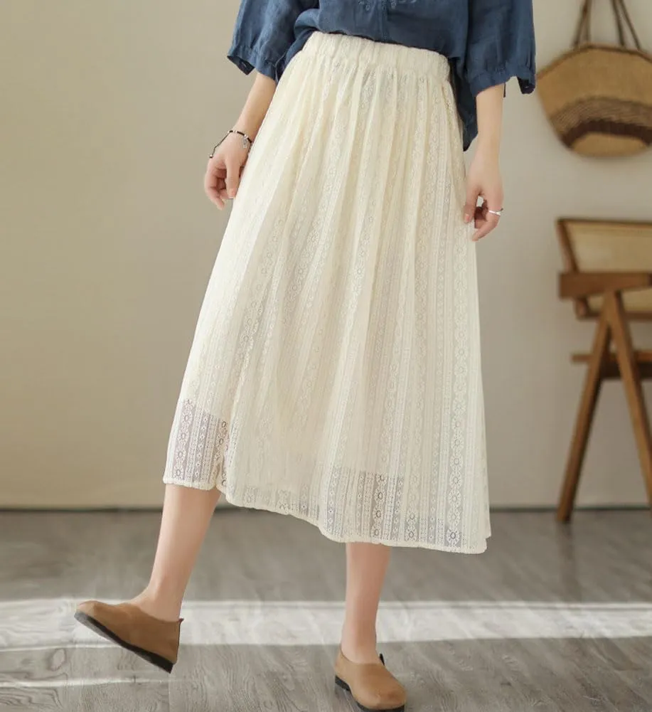 chouyatou Women's Hollow Out Lace Floral Skirt Boho Crochet Elastic Waist Pleated Swing Midi Long Skirt