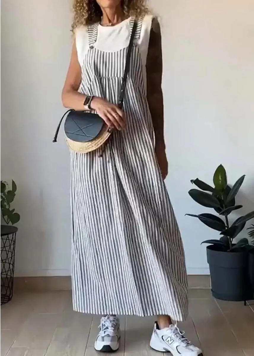 chouyatou Women's Summer Boho Adjustable Strap Striped Tunic Dress Casual Loose Beach Midi Long Dress