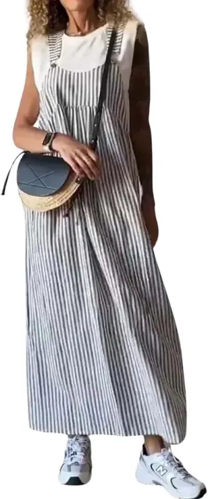 chouyatou Women's Summer Boho Adjustable Strap Striped Tunic Dress Casual Loose Beach Midi Long Dress