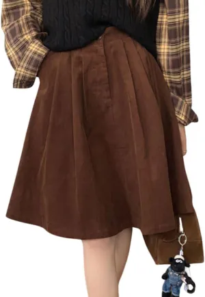 chouyatou Women's Vintage Corduroy Pleated Midi Skirt High Elastic Waist A-Line Swing Skirt with Pockets