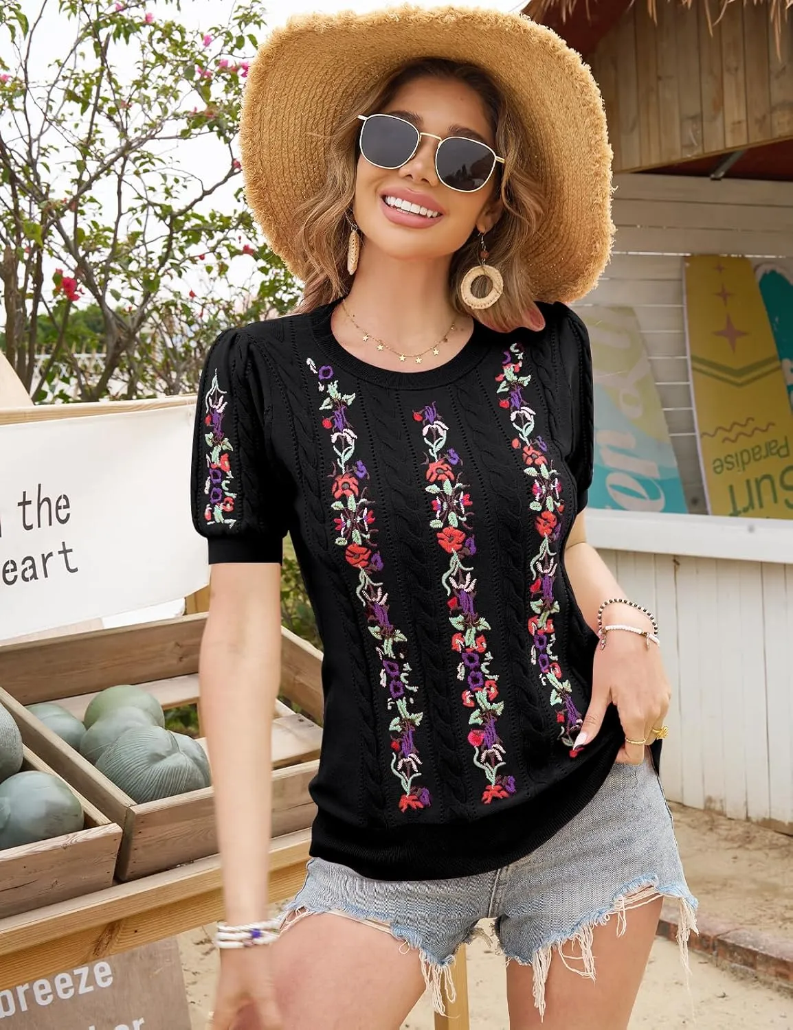 CiCiBird Womens Short Sleeve Sweater Cute Embroidered Pullover Casual Cable Knit Summer Tops