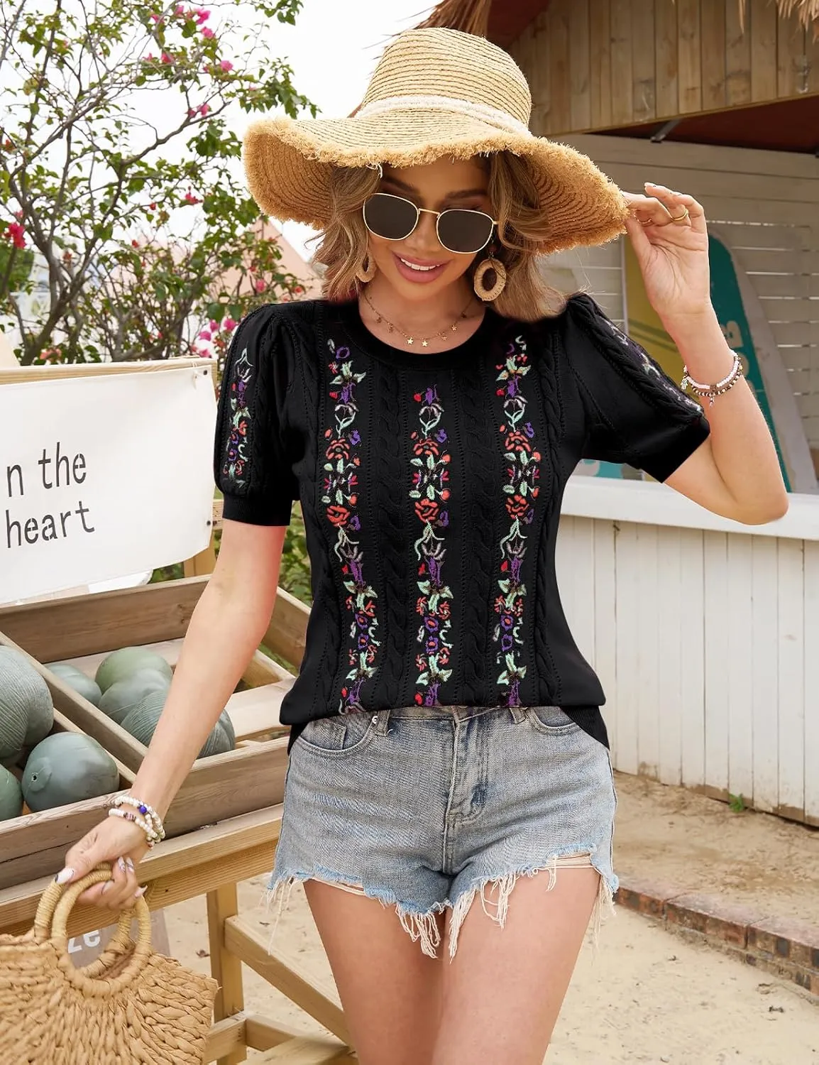 CiCiBird Womens Short Sleeve Sweater Cute Embroidered Pullover Casual Cable Knit Summer Tops
