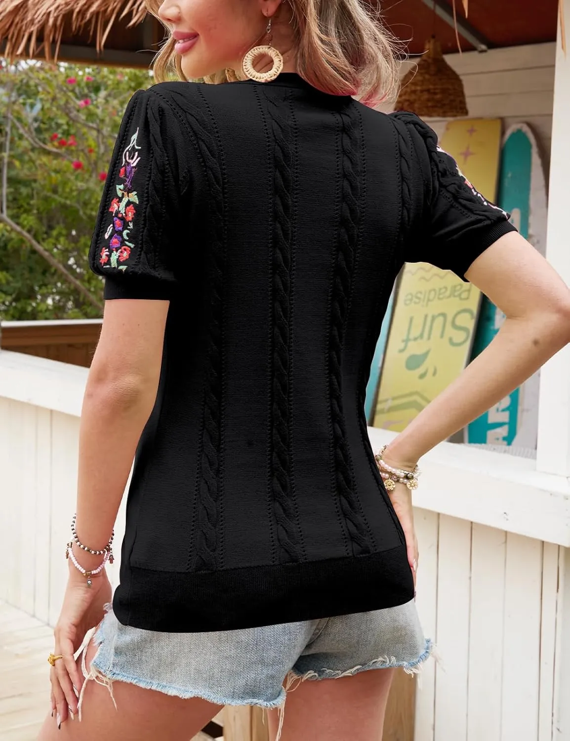 CiCiBird Womens Short Sleeve Sweater Cute Embroidered Pullover Casual Cable Knit Summer Tops