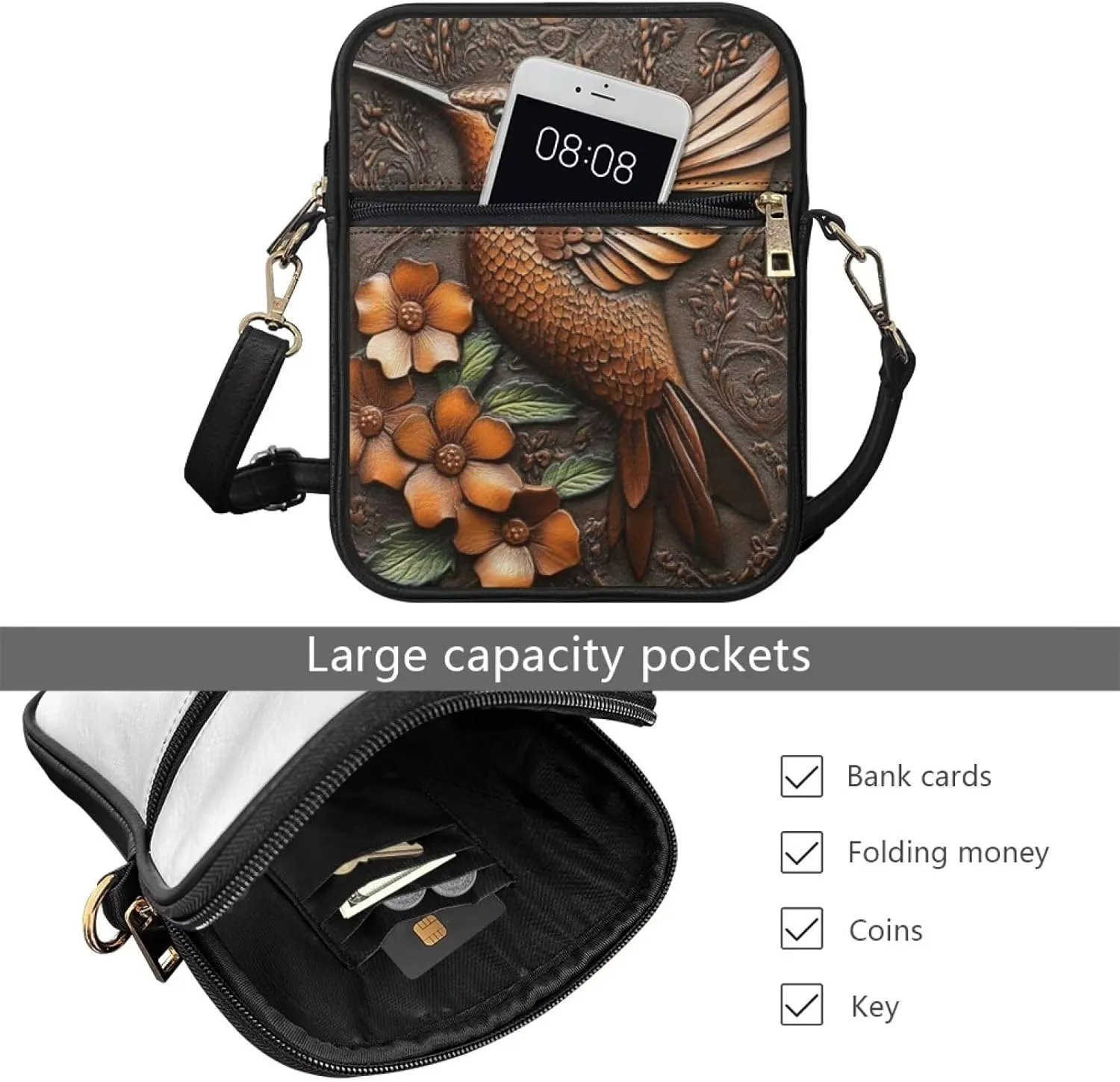 COEQINE Brown Messenger Bag for Women Cute Printed Leather Crossbody Bag Work Bag Vintage Multi-function