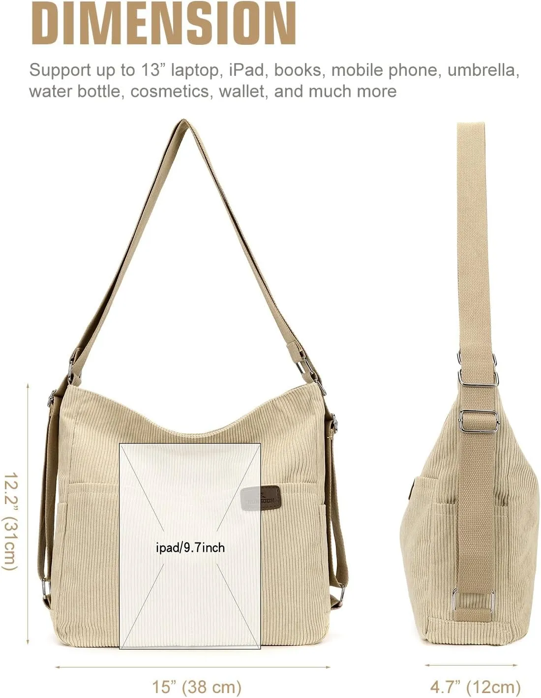 Corduroy Tote Bag for Women Convertible Backpack Purse Crossbody Hobo Shoulder Bag with Multi Pockets Compartments