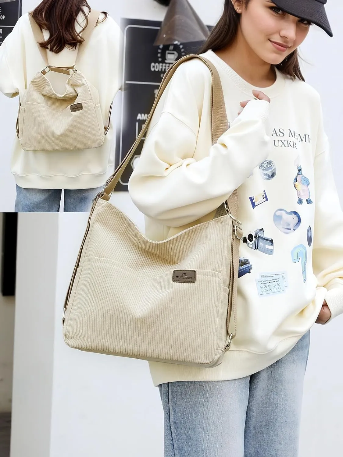 Corduroy Tote Bag for Women Convertible Backpack Purse Crossbody Hobo Shoulder Bag with Multi Pockets Compartments