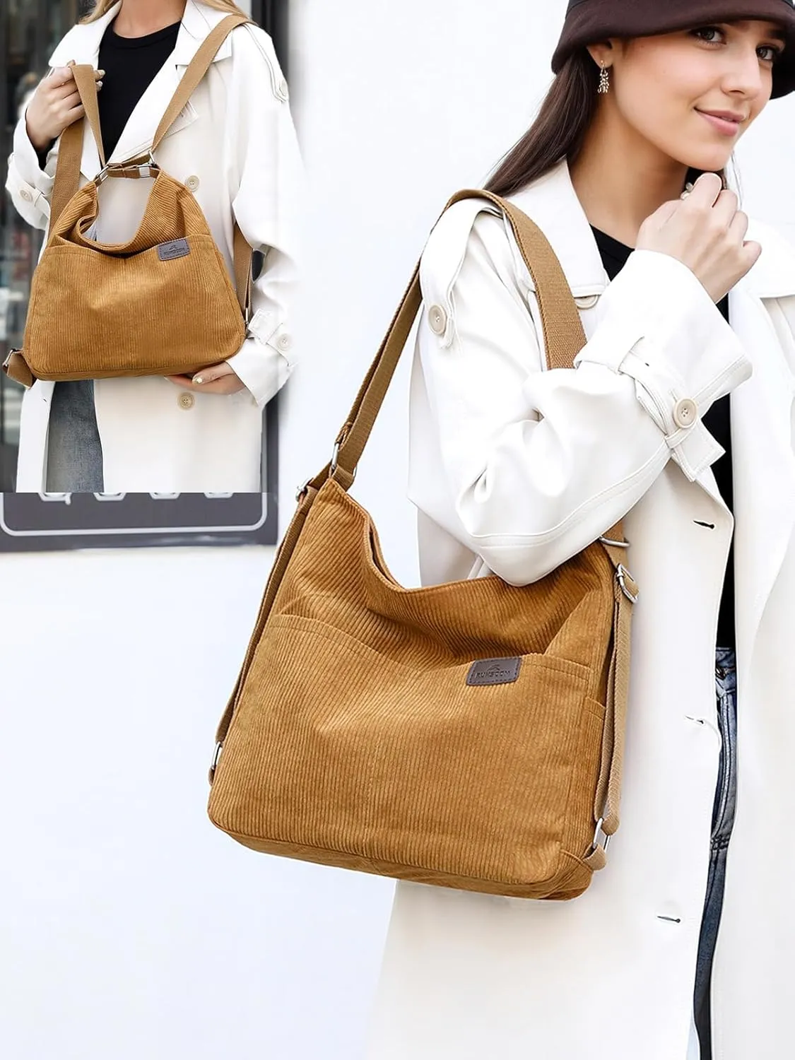 Corduroy Tote Bag for Women Convertible Backpack Purse Crossbody Hobo Shoulder Bag with Multi Pockets Compartments