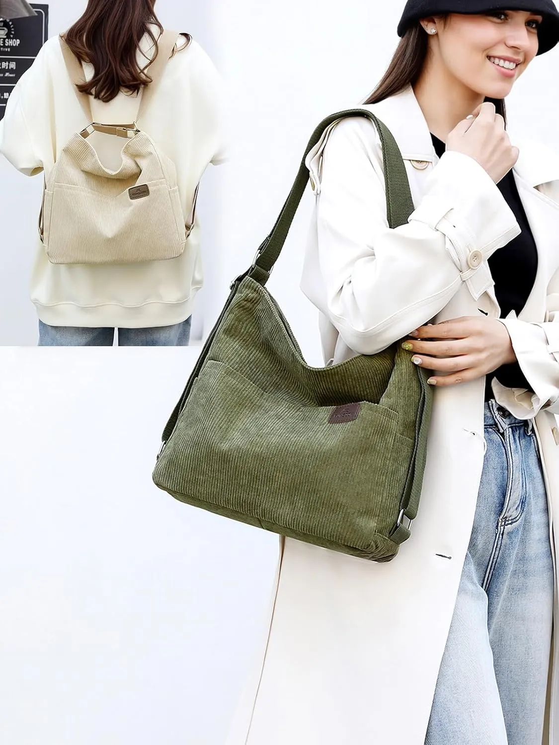 Corduroy Tote Bag for Women Convertible Backpack Purse Crossbody Hobo Shoulder Bag with Multi Pockets Compartments