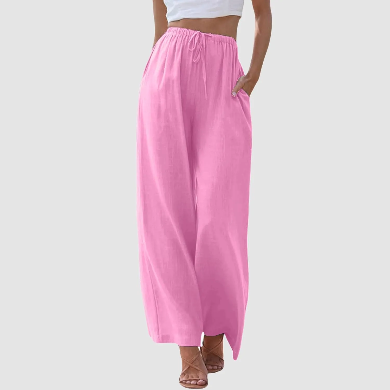 Cotton Linen Pants for Women Flowy Summer Pants Wide Leg Beach Trousers with Pockets