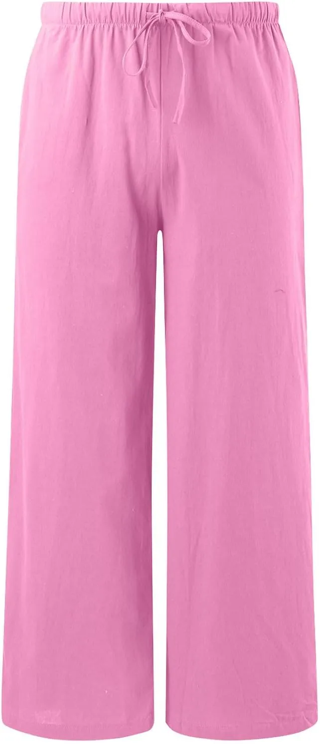 Cotton Linen Pants for Women Flowy Summer Pants Wide Leg Beach Trousers with Pockets