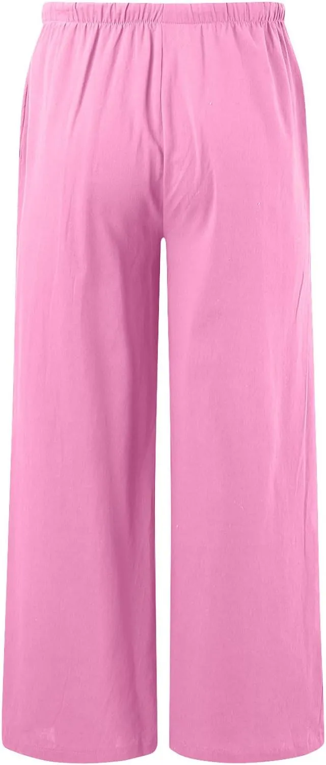 Cotton Linen Pants for Women Flowy Summer Pants Wide Leg Beach Trousers with Pockets