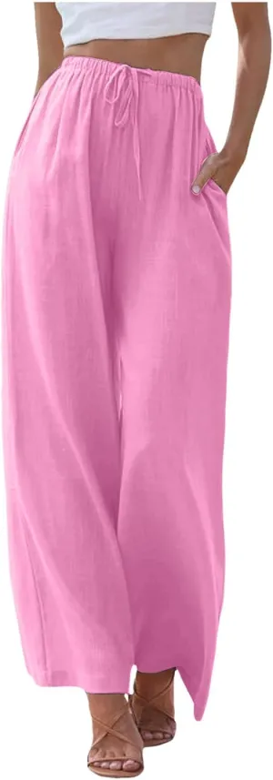 Cotton Linen Pants for Women Flowy Summer Pants Wide Leg Beach Trousers with Pockets