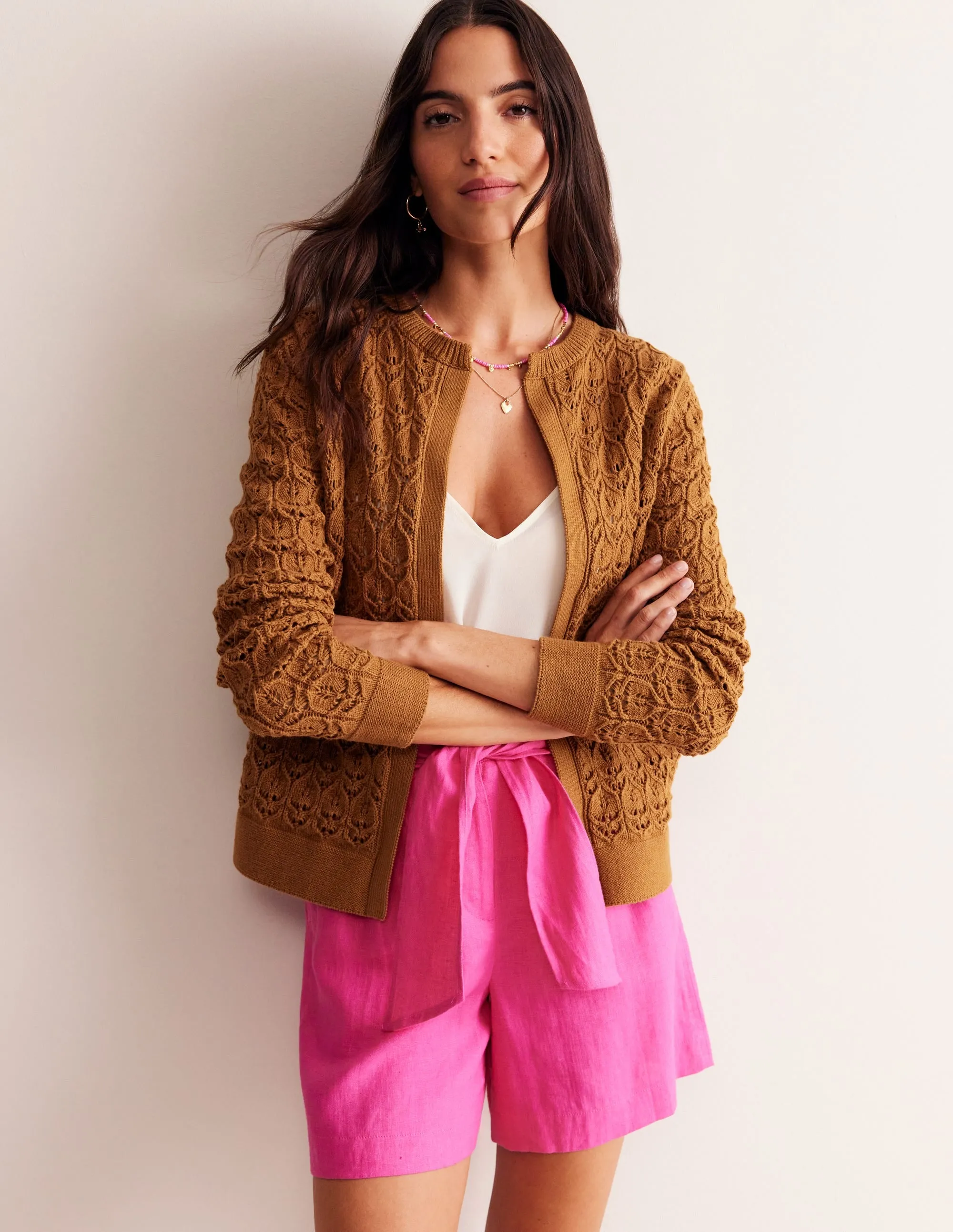 Crochet Knit Cardigan-Gingerbread Brown