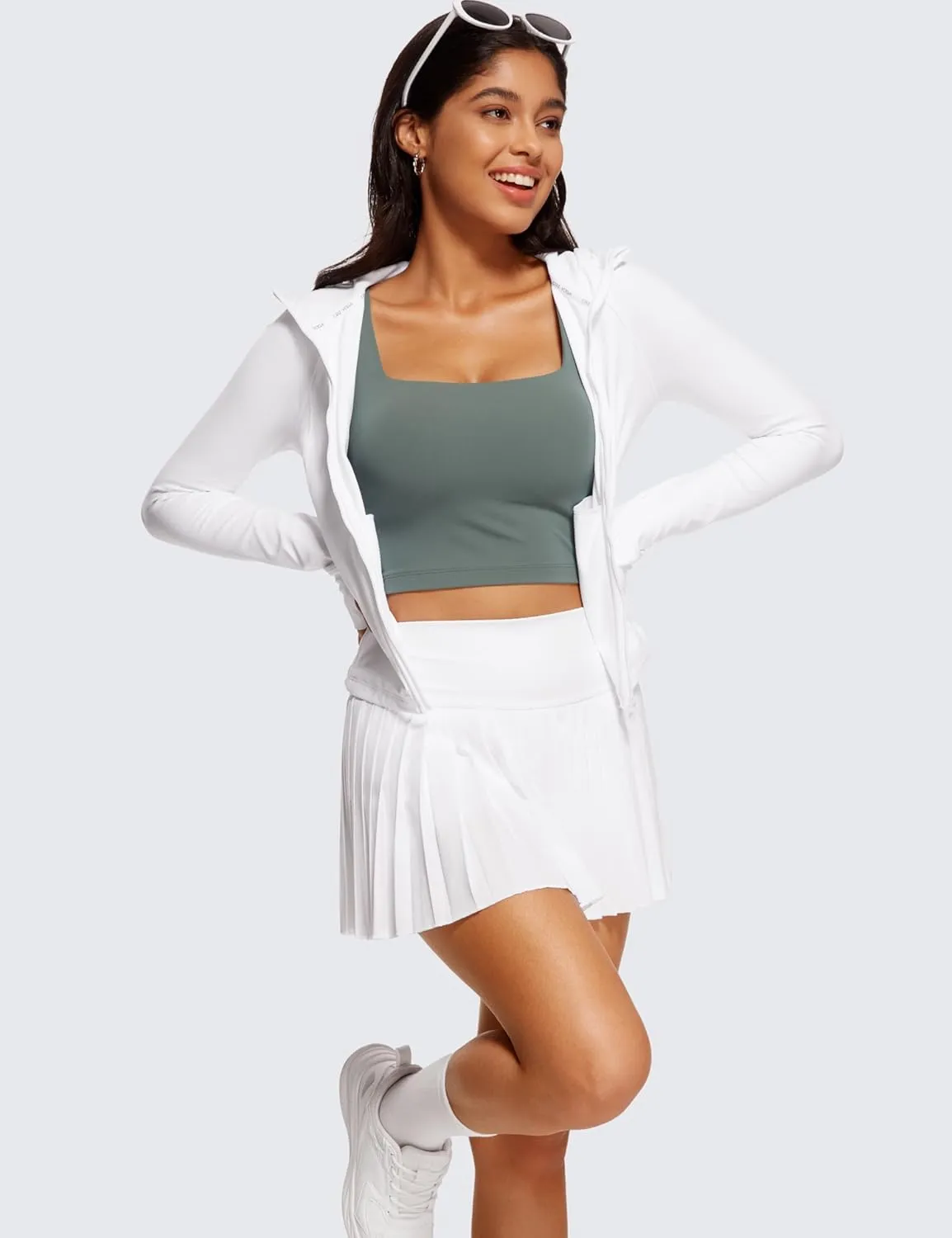 CRZ YOGA Butterluxe Womens Square Neck Longline Sports Bra - Workout Crop Tank Tops Padded Yoga Camisole with Built in Pads