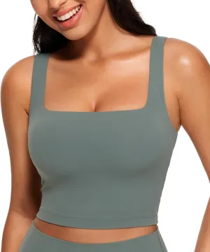 CRZ YOGA Butterluxe Womens Square Neck Longline Sports Bra - Workout Crop Tank Tops Padded Yoga Camisole with Built in Pads