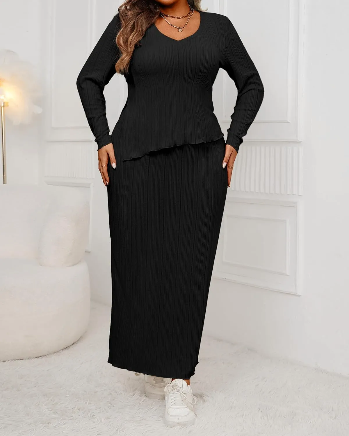 CXXQ Women's Plus Size 2 Piece Outfits Sweater Skirt Sets Long Sleeve Asymmetrial Ribbed Knit Tops Midi Dress 2024 Fall