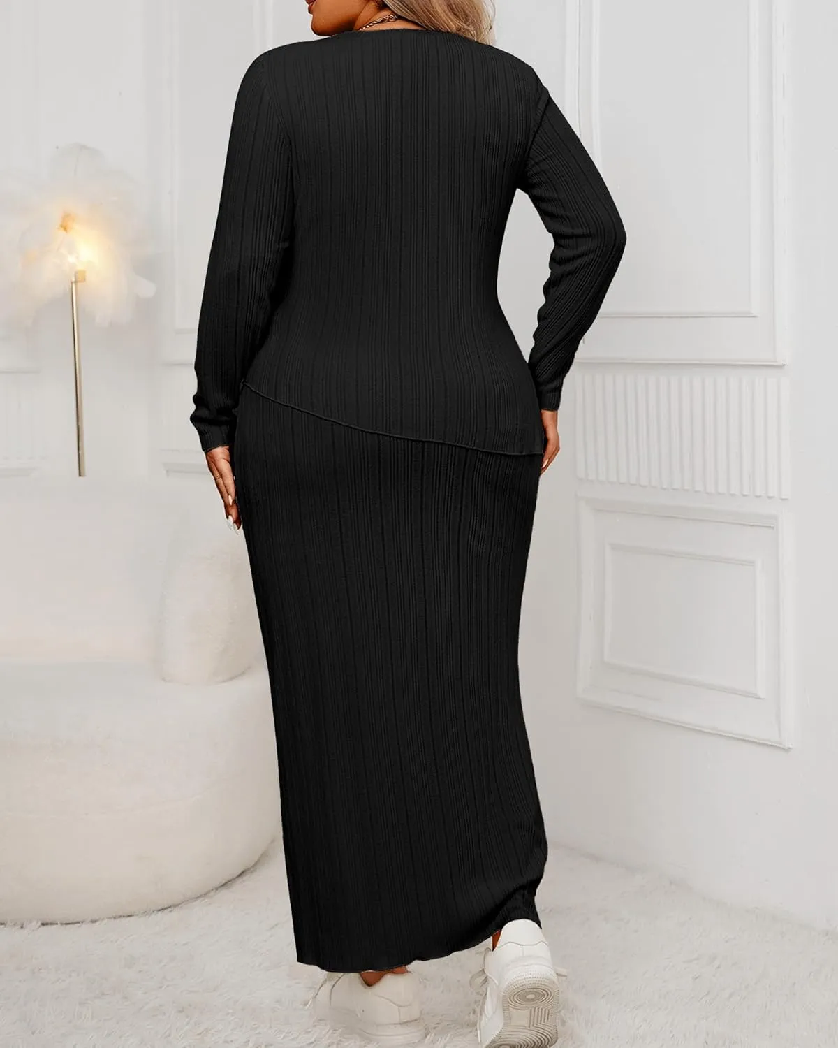 CXXQ Women's Plus Size 2 Piece Outfits Sweater Skirt Sets Long Sleeve Asymmetrial Ribbed Knit Tops Midi Dress 2024 Fall