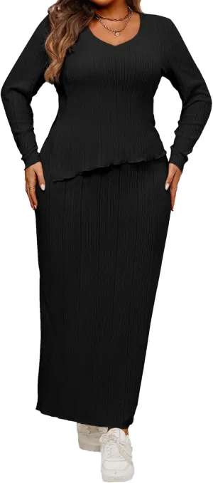 CXXQ Women's Plus Size 2 Piece Outfits Sweater Skirt Sets Long Sleeve Asymmetrial Ribbed Knit Tops Midi Dress 2024 Fall