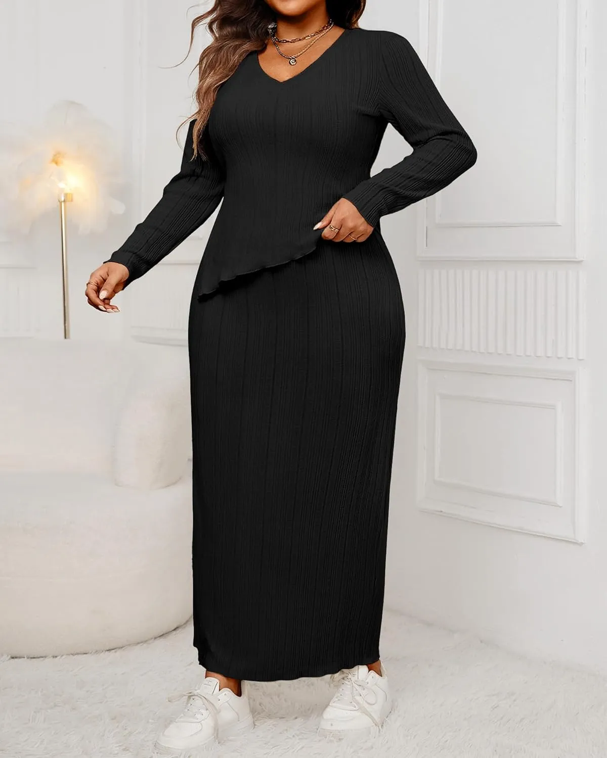 CXXQ Women's Plus Size 2 Piece Outfits Sweater Skirt Sets Long Sleeve Asymmetrial Ribbed Knit Tops Midi Dress 2024 Fall