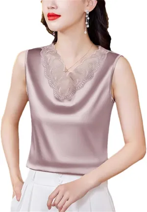 Dbdkejj Women Spring Summer Satin Camisole Sleeveless V-Neck Patchwork Lace Vest Tops