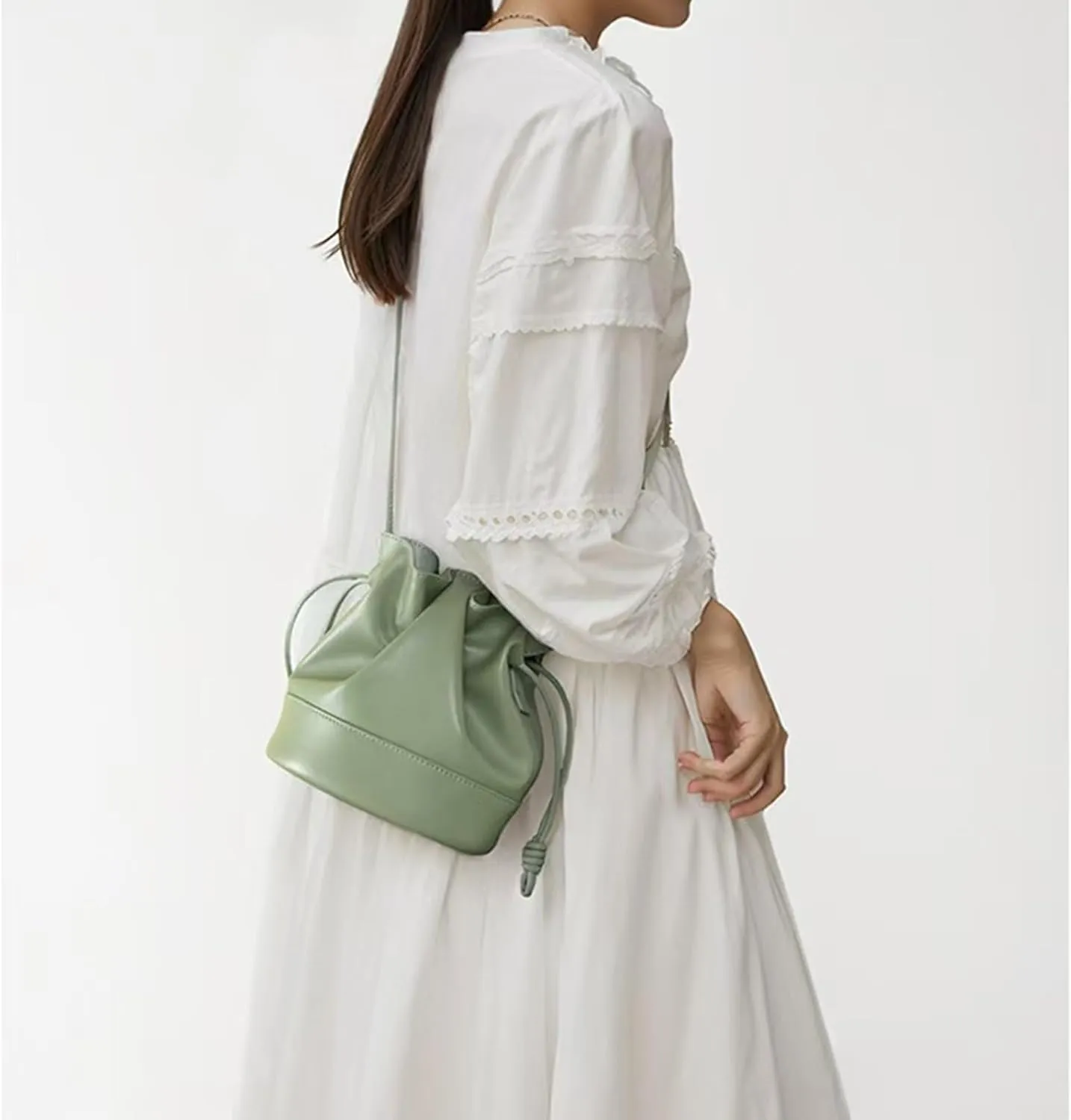 Drawstring Bucket Bag for Women,Lambskin genuine leather shoulder bag,trendy water bucket crossbody bag.