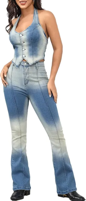 ECHOINE Women Two Piece Denim Set Sexy Cropped Button Down Tank Top and Flared Jeans Vintage 2 Piece Outfits