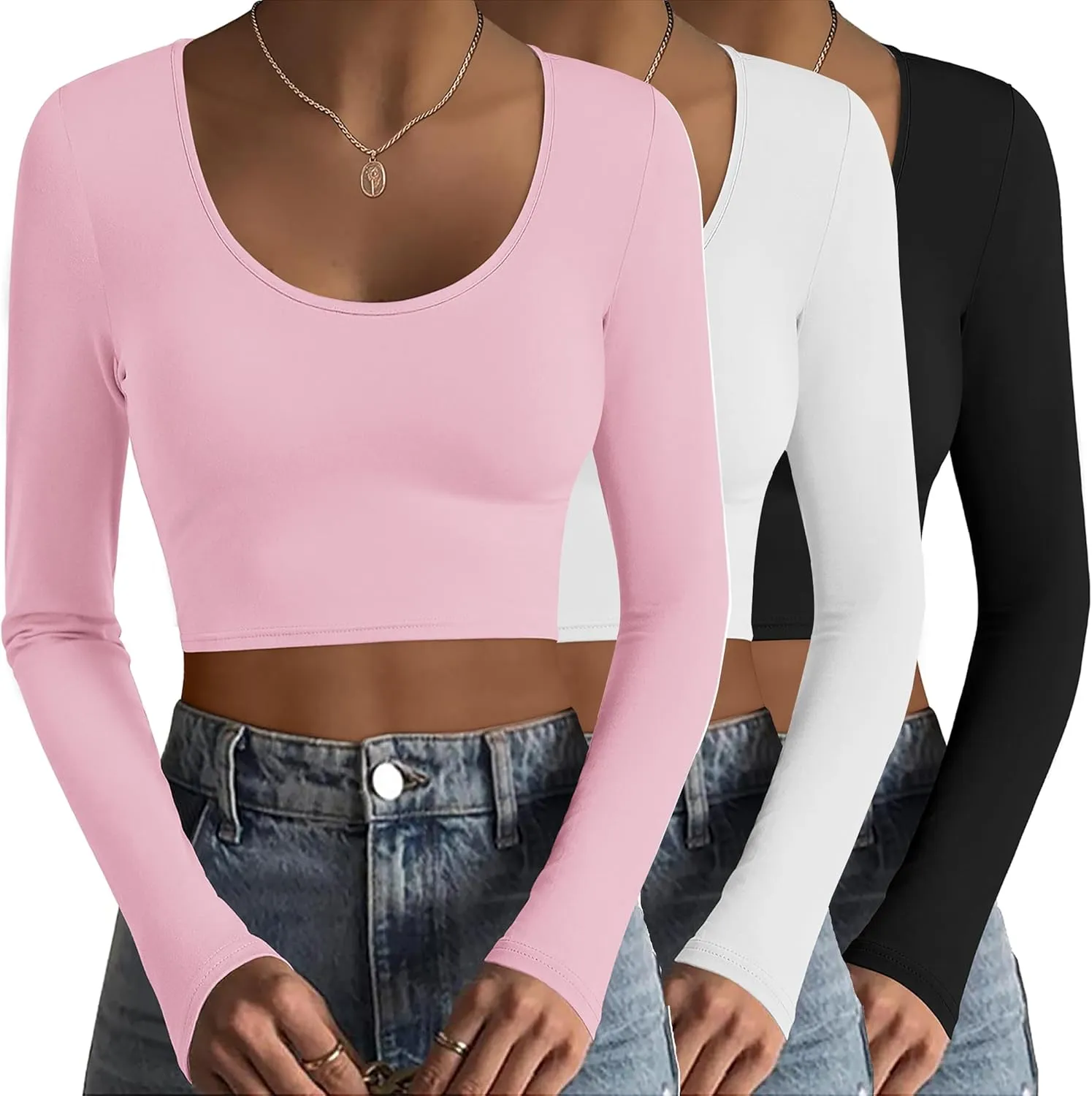 Ekouaer 3 Piece Long Sleeve Crop Tops for Women Scroop Neck Base Layer Basic Thermal Undershirts S-XXL